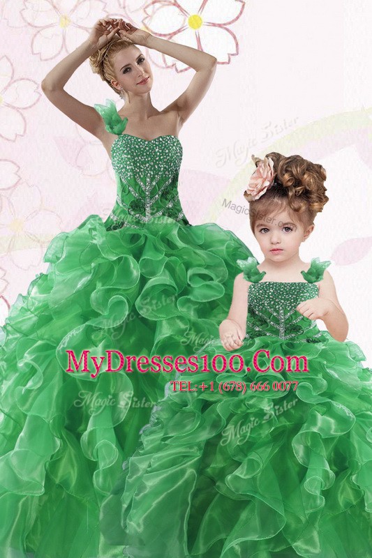 One Shoulder Green Organza Lace Up Vestidos de Quinceanera Sleeveless Floor Length Beading and Ruffles