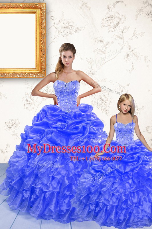 Top Selling Floor Length Royal Blue Ball Gown Prom Dress Organza Sleeveless Beading and Ruffles and Pick Ups