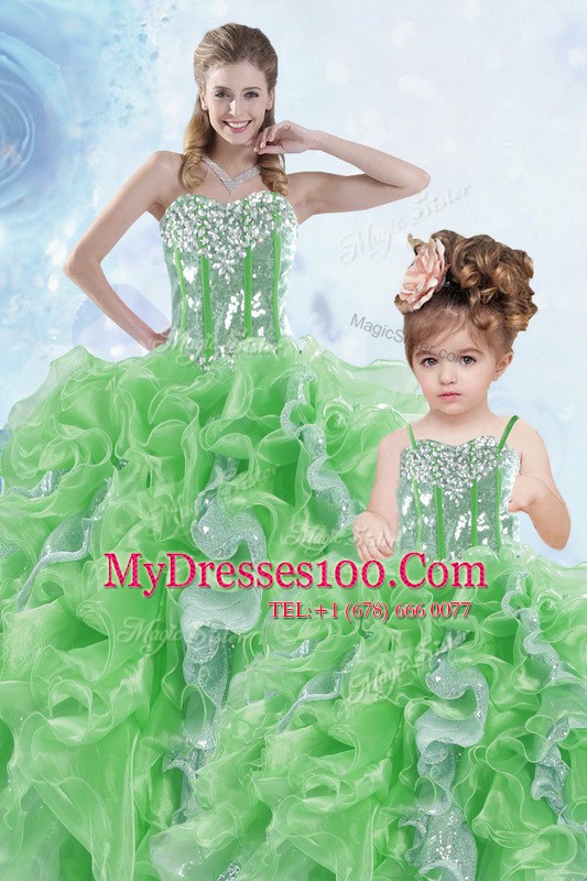Sleeveless Floor Length Beading and Ruffles and Sequins Lace Up Quinceanera Gown with Green