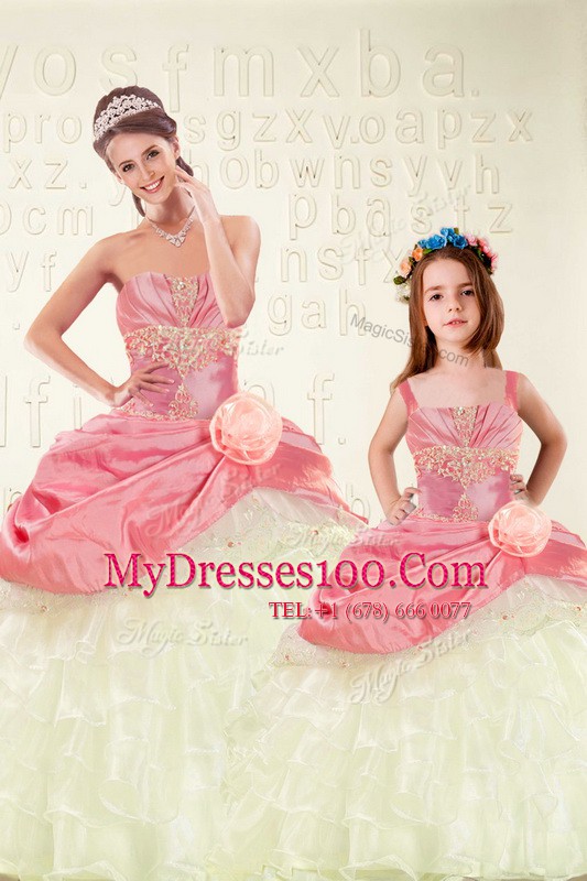 Sophisticated Pink Organza and Taffeta Lace Up Quinceanera Dresses Sleeveless Floor Length Beading and Ruffled Layers and Hand Made Flower