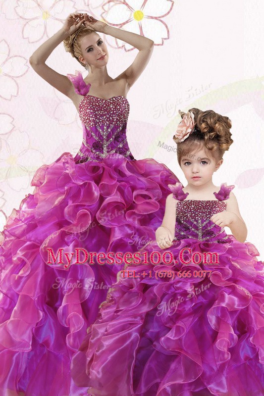 Flare Fuchsia Ball Gowns Beading and Ruffles Sweet 16 Quinceanera Dress Lace Up Organza Sleeveless Floor Length