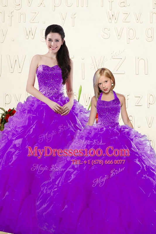 Eggplant Purple Ball Gown Prom Dress Military Ball and Sweet 16 and Quinceanera and For with Beading and Ruffles Sweetheart Sleeveless Lace Up