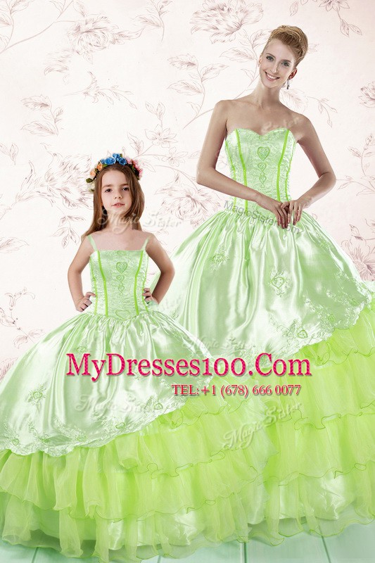 Cute Yellow Green Ball Gowns Sweetheart Sleeveless Organza Floor Length Lace Up Embroidery and Ruffled Layers 15th Birthday Dress