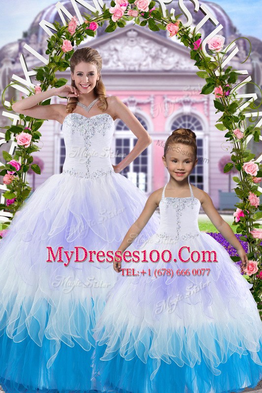 Sweetheart Sleeveless Tulle Quince Ball Gowns Beading Lace Up