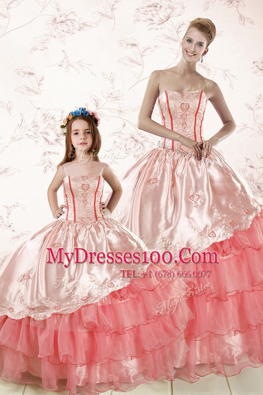 Dazzling Watermelon Red Ball Gowns Sweetheart Sleeveless Organza Floor Length Lace Up Embroidery and Ruffled Layers Quinceanera Gown