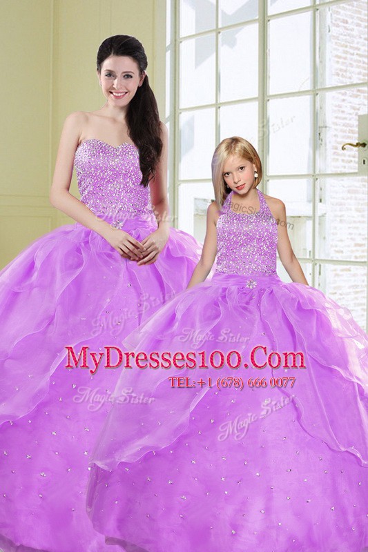 Stunning Sequins Lilac Sleeveless Organza Lace Up Vestidos de Quinceanera for Military Ball and Sweet 16 and Quinceanera