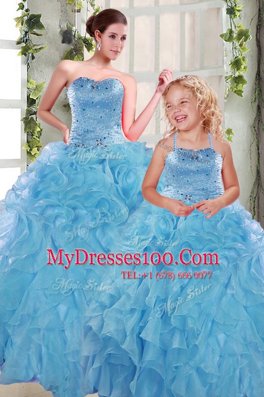Organza Sweetheart Sleeveless Lace Up Beading and Ruffles Ball Gown Prom Dress in Aqua Blue
