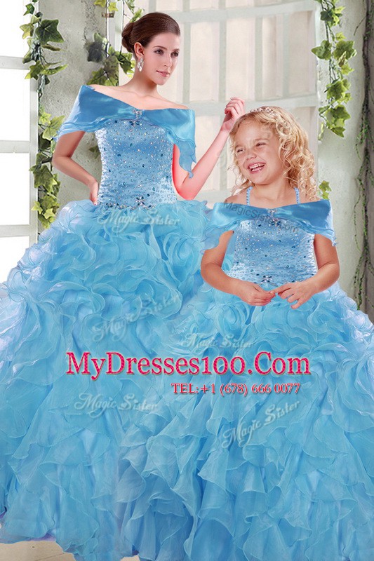 Organza Sweetheart Sleeveless Lace Up Beading and Ruffles Ball Gown Prom Dress in Aqua Blue