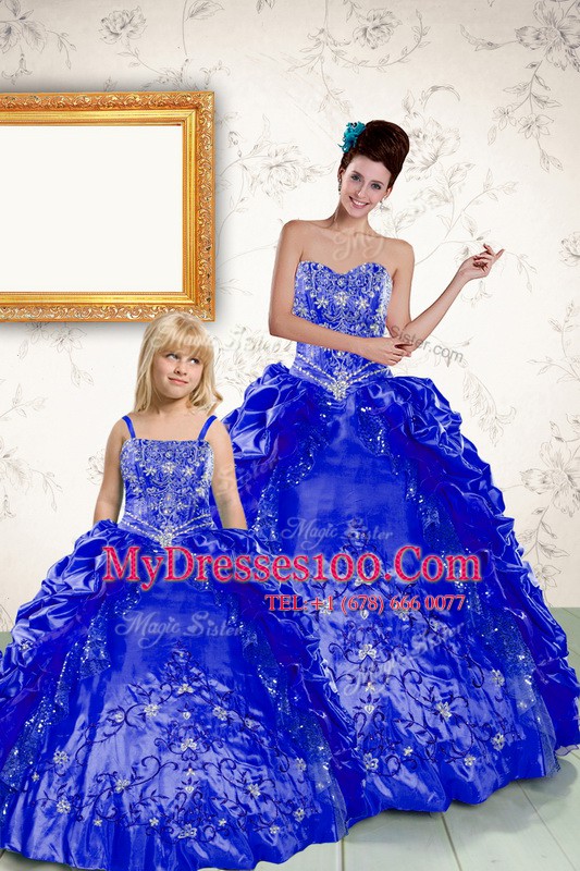 Cute Royal Blue Ball Gowns Beading and Embroidery and Pick Ups Ball Gown Prom Dress Lace Up Taffeta Sleeveless Floor Length