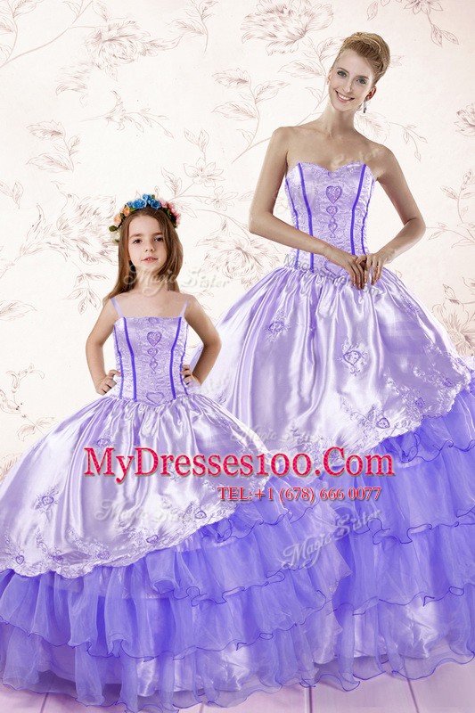 Clearance Lavender Organza Lace Up Quince Ball Gowns Sleeveless Floor Length Embroidery and Ruffled Layers