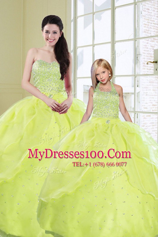 Fantastic Sequins Floor Length Ball Gowns Sleeveless Yellow Green Quinceanera Gowns Lace Up