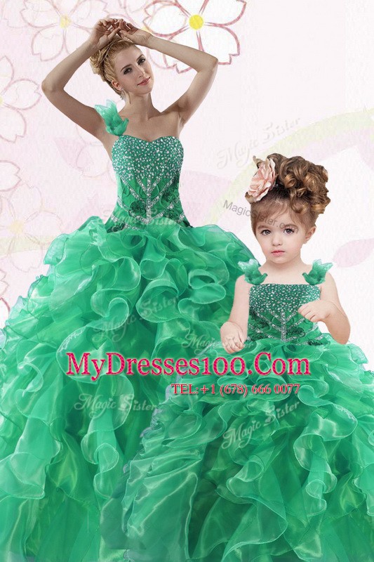 Green Ball Gowns Organza One Shoulder Sleeveless Beading and Ruffles Floor Length Lace Up Quince Ball Gowns