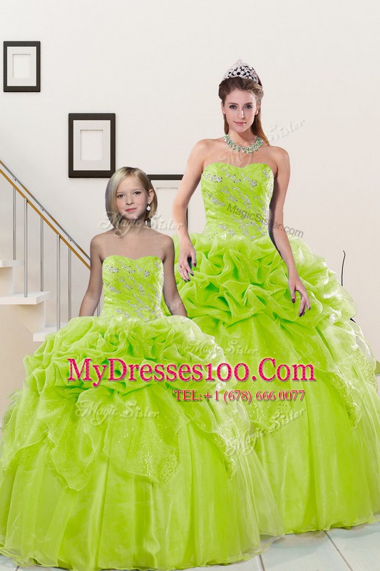 Dramatic Yellow Green Lace Up Sweetheart Beading and Pick Ups Quinceanera Gowns Organza Sleeveless