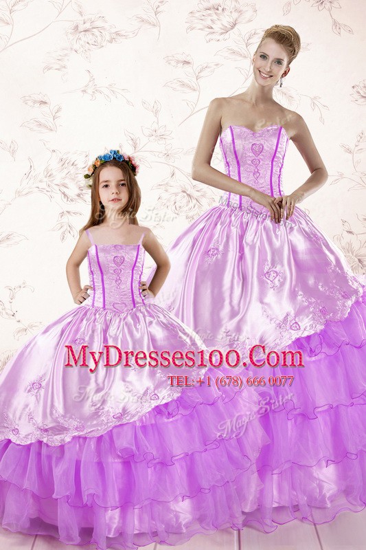 Affordable Lilac Sweetheart Neckline Embroidery and Ruffled Layers Quinceanera Dresses Sleeveless Lace Up