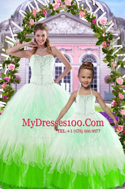 Multi-color Ball Gowns Sweetheart Sleeveless Tulle Floor Length Lace Up Beading Sweet 16 Quinceanera Dress