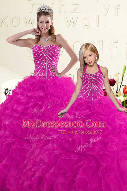 Clearance Sleeveless Organza Floor Length Lace Up Quinceanera Dress in Fuchsia with Beading and Ruffles
