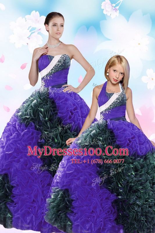 Floor Length Lace Up Sweet 16 Dress Multi-color for Military Ball and Sweet 16 and Quinceanera with Sequins and Pick Ups
