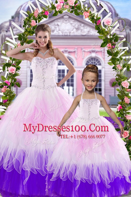Multi-color Tulle Lace Up 15 Quinceanera Dress Sleeveless Floor Length Beading