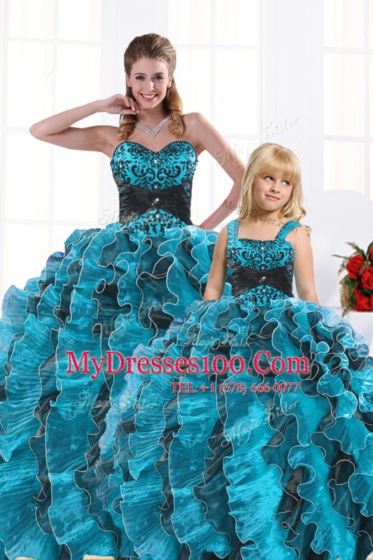 Top Selling Aqua Blue Quince Ball Gowns Military Ball and Sweet 16 and Quinceanera and For with Beading and Appliques and Ruffles Sweetheart Sleeveless Lace Up
