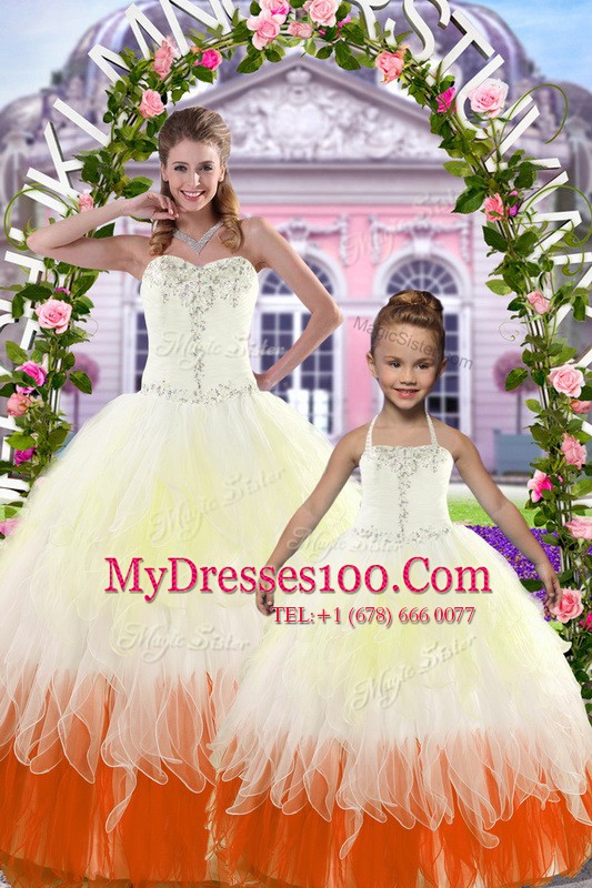 Pretty Multi-color Sleeveless Floor Length Beading Lace Up 15 Quinceanera Dress
