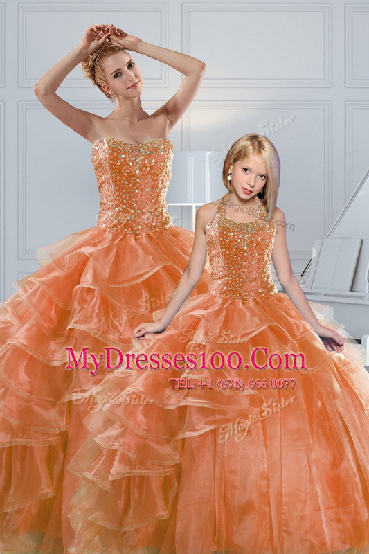 Classical Orange Ball Gowns Organza Sweetheart Sleeveless Beading and Ruffled Layers Lace Up Vestidos de Quinceanera