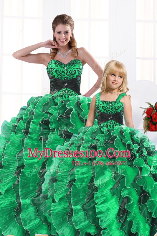 Elegant Green Ball Gowns Beading and Appliques and Ruffles Sweet 16 Quinceanera Dress Lace Up Organza Sleeveless Floor Length