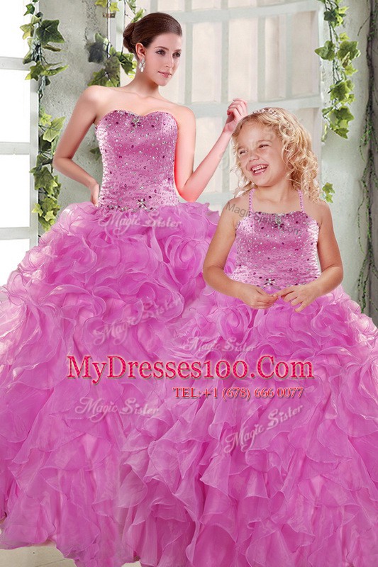 Floor Length Lilac Sweet 16 Dress Organza Sleeveless Beading and Ruffles