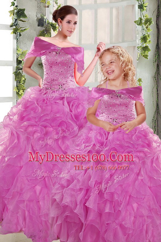 Floor Length Lilac Sweet 16 Dress Organza Sleeveless Beading and Ruffles
