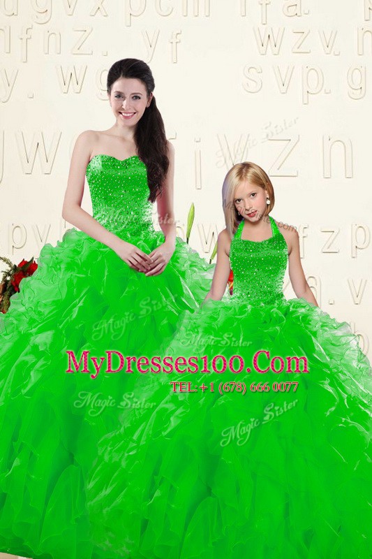 Exquisite Green Organza Lace Up Quinceanera Gowns Sleeveless Floor Length Beading and Ruffles