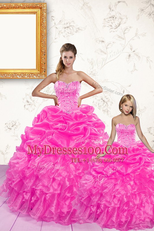 Hot Pink Sleeveless Beading and Ruffles and Pick Ups Floor Length Vestidos de Quinceanera