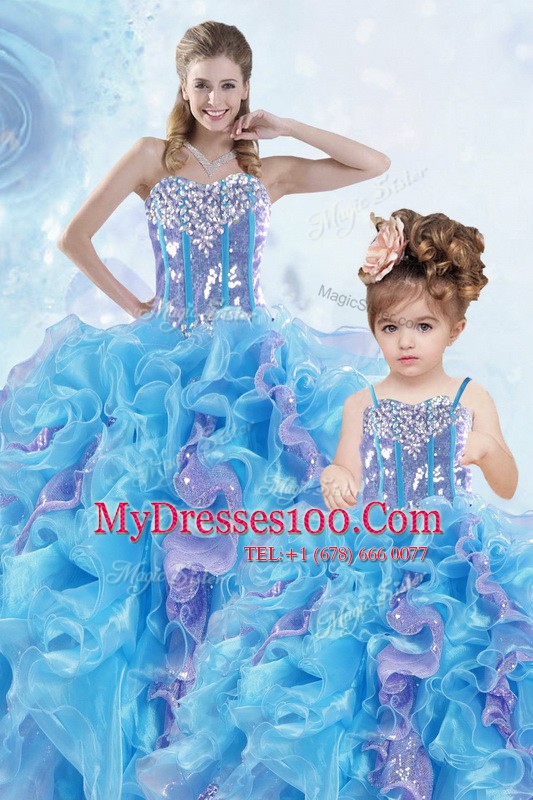 Custom Designed Floor Length Multi-color Vestidos de Quinceanera Organza Sleeveless Beading and Ruffles and Sequins