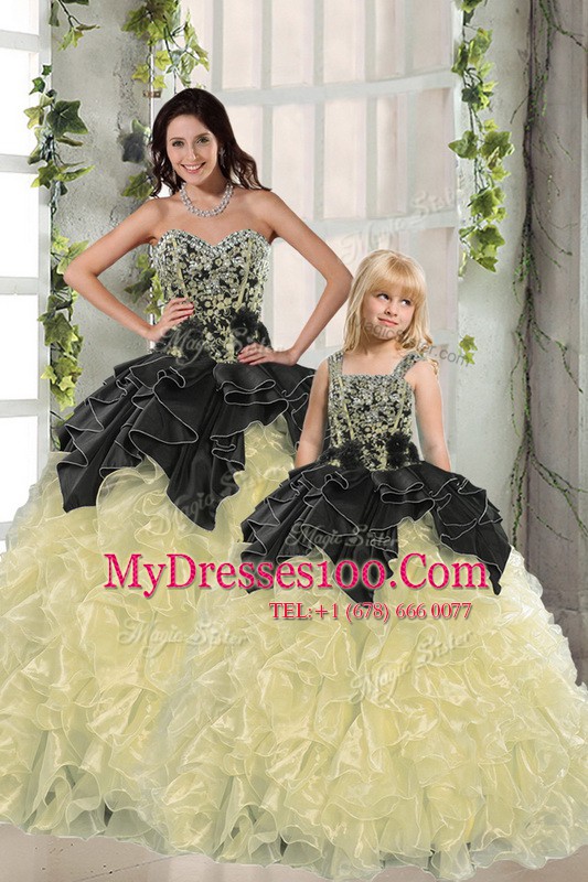 Eye-catching Light Yellow Ball Gowns Organza Sweetheart Sleeveless Beading and Ruffles Floor Length Lace Up Sweet 16 Dress
