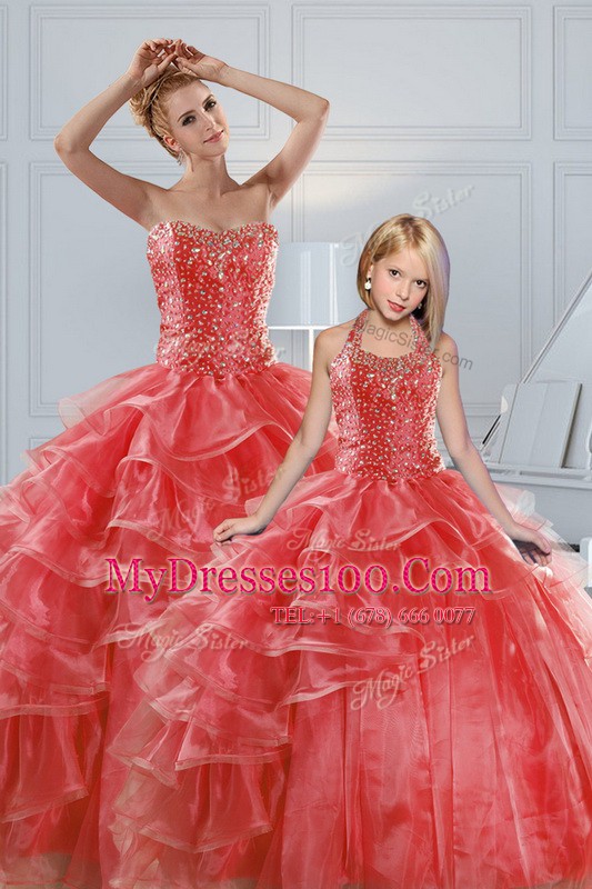 Nice Ruffled Floor Length Ball Gowns Sleeveless Coral Red Sweet 16 Quinceanera Dress Lace Up