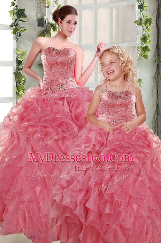 Beading and Ruffles Quinceanera Dresses Rose Pink Lace Up Sleeveless Floor Length