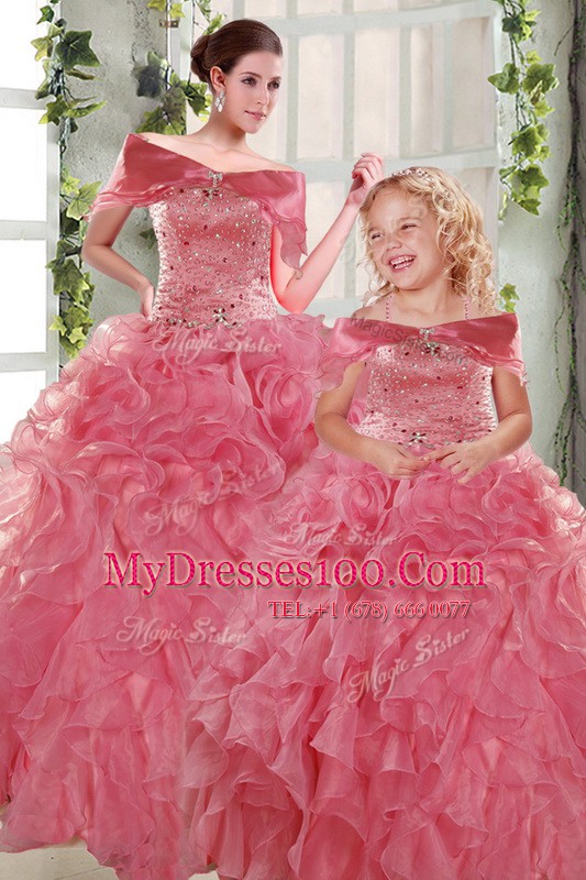 Beading and Ruffles Quinceanera Dresses Rose Pink Lace Up Sleeveless Floor Length