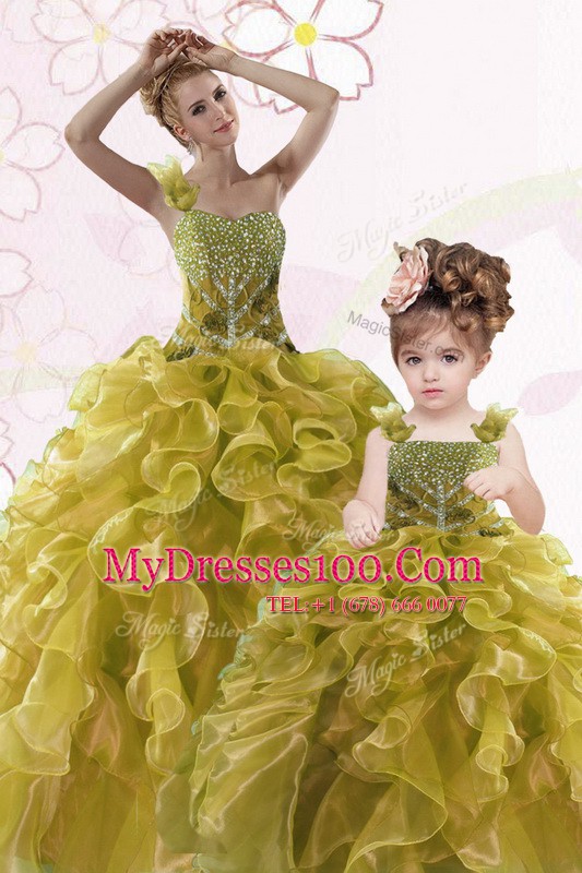 Olive Green Sleeveless Floor Length Beading and Ruffles Lace Up Quinceanera Dresses