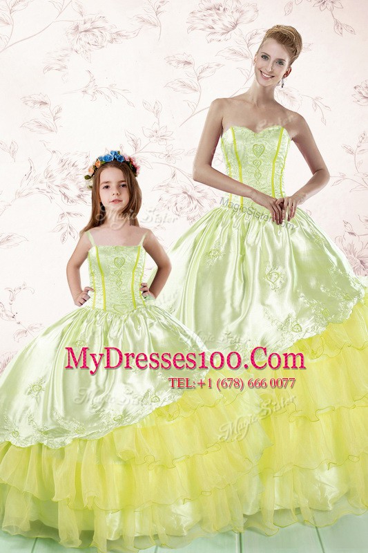Gorgeous Light Yellow Ball Gowns Sweetheart Sleeveless Organza Floor Length Lace Up Embroidery and Ruffled Layers Quinceanera Dress