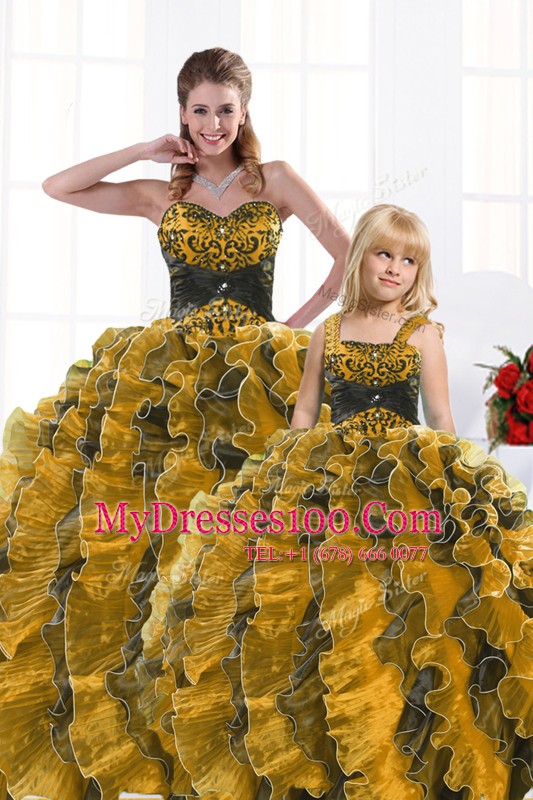 Traditional Gold Sleeveless Organza Lace Up 15 Quinceanera Dress for Military Ball and Sweet 16 and Quinceanera