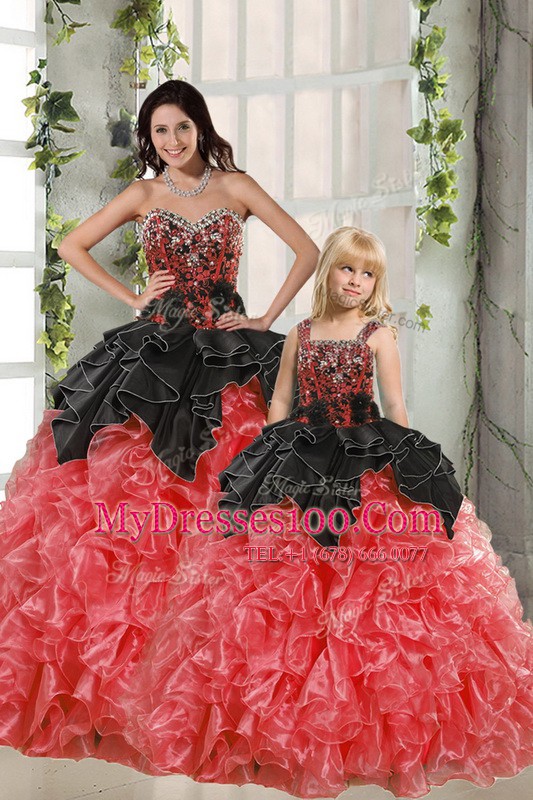 Custom Design Red And Black Lace Up Quinceanera Dress Beading and Ruffles Sleeveless Floor Length