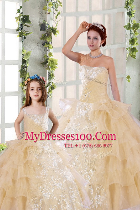Ruffled Floor Length Champagne Sweet 16 Dresses Strapless Sleeveless Lace Up