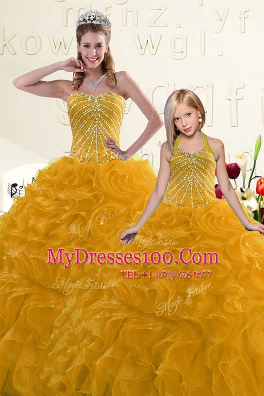 Floor Length Gold Vestidos de Quinceanera Sweetheart Sleeveless Lace Up