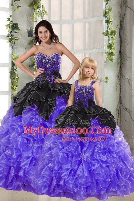 Black And Purple Ball Gowns Organza Sweetheart Sleeveless Beading and Ruffles Floor Length Lace Up Ball Gown Prom Dress