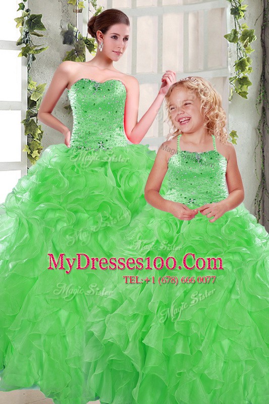 Green 15 Quinceanera Dress Military Ball and Sweet 16 and Quinceanera and For with Beading and Ruffles Sweetheart Sleeveless Lace Up