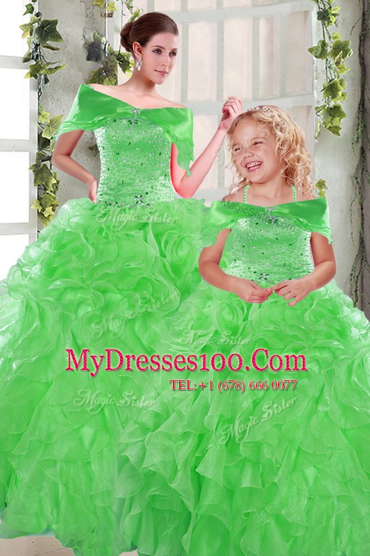 Green 15 Quinceanera Dress Military Ball and Sweet 16 and Quinceanera and For with Beading and Ruffles Sweetheart Sleeveless Lace Up