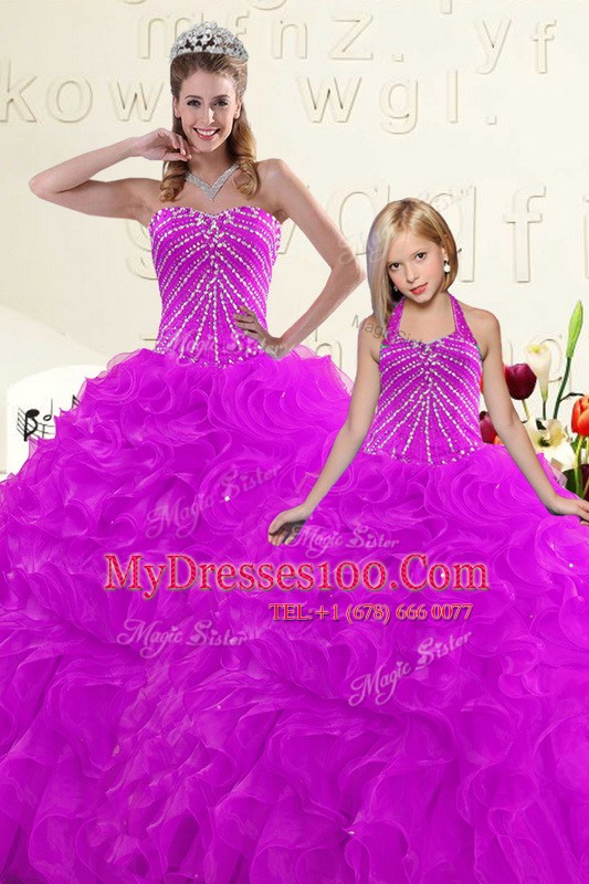 Purple Ball Gowns Beading and Ruffles Quinceanera Gown Lace Up Organza Sleeveless Floor Length