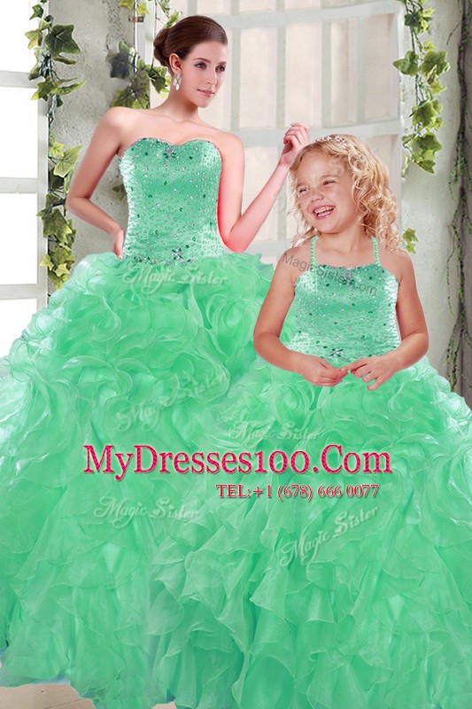 Admirable Apple Green Ball Gowns Sweetheart Sleeveless Organza Floor Length Lace Up Beading and Ruffles Quinceanera Gowns