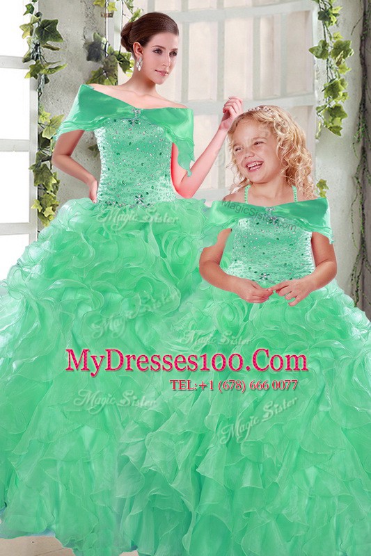 Admirable Apple Green Ball Gowns Sweetheart Sleeveless Organza Floor Length Lace Up Beading and Ruffles Quinceanera Gowns
