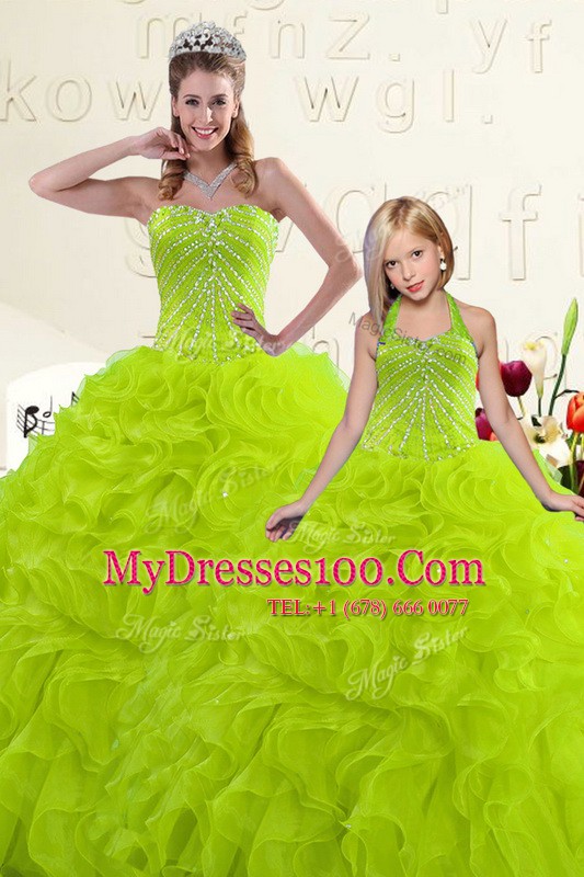 Custom Made Organza Sweetheart Sleeveless Lace Up Beading and Ruffles Sweet 16 Dress in Yellow Green