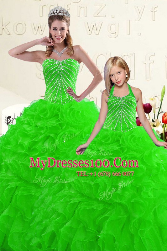 Custom Fit Sweetheart Sleeveless Quinceanera Dresses Floor Length Beading and Ruffles Green Organza
