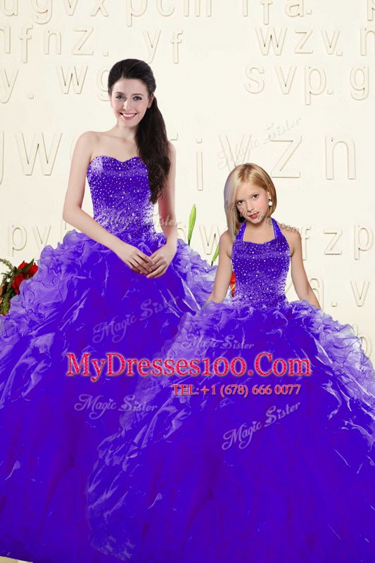 Chic Floor Length Purple Sweet 16 Dress Organza Sleeveless Beading and Ruffles